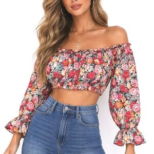 Shein Womens Top 2XL Boho Peasant Fairy Cropped Off Shoulder Floral Multicolor